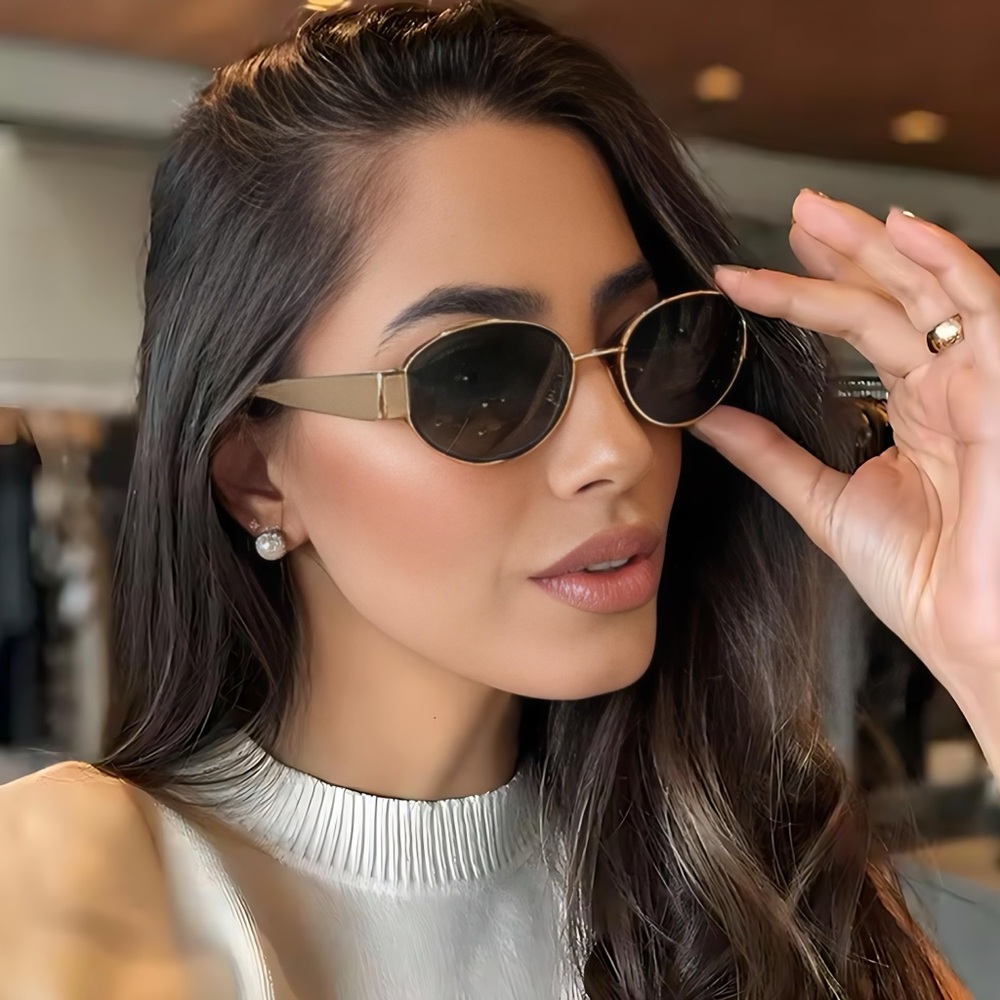 Small Oval Metal Sunglasses Black Lens Retro Luxury Street Style Shades